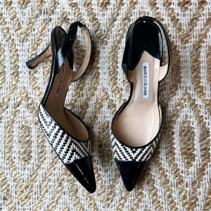 Manolo Blahnik Carolyne Stripe Slingback Woven Heels Pumps White Black Size 38 8